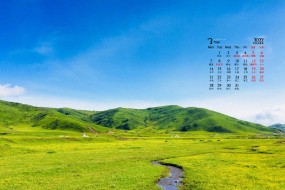 2022年3月绿色草原风景桌面日历壁纸